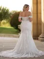 Grand Sheath Off-the-Shoulder Appliques Lace Chapel Train Lace Corset Plus Size Wedding Dress