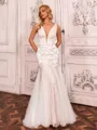 Unique Sheath V-Neck Appliques Lace Sweep Train Tulle Wedding Dress