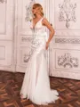Unique Sheath V-Neck Appliques Lace Sweep Train Tulle Wedding Dress