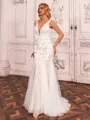 Unique Sheath V-Neck Appliques Lace Sweep Train Tulle Wedding Dress