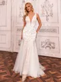 Unique Sheath V-Neck Appliques Lace Sweep Train Tulle Wedding Dress