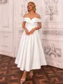 Pretty A-line Off-the-Shoulder Bow Tea-Length Satin Corset Wedding Dress