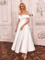 Pretty A-line Off-the-Shoulder Bow Tea-Length Satin Corset Wedding Dress