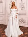 Charming A-line Off-the-Shoulder Long Sleeves Appliques Lace Court Train Tulle Corset Wedding Dress