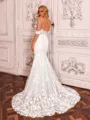 Hot Sheath Off-the-Shoulder Appliques Lace Sweep Train Tulle Corset Wedding Dress