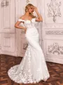 Hot Sheath Off-the-Shoulder Appliques Lace Sweep Train Tulle Corset Wedding Dress