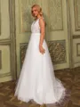 Glamorous A-line Scoop Appliques Lace Sweep Train Tulle Wedding Dress