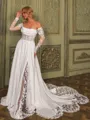 Elegant A-line Off-the-Shoulder Long Sleeves Appliques Lace Chapel Train Chiffon Corset Wedding Dress