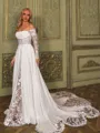 Elegant A-line Off-the-Shoulder Long Sleeves Appliques Lace Chapel Train Chiffon Corset Wedding Dress