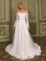 Exquisite A-line Off-the-Shoulder Long Sleeves Appliques Lace Chapel Train Tulle Corset Wedding Dress