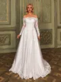 Exquisite A-line Off-the-Shoulder Long Sleeves Appliques Lace Chapel Train Tulle Corset Wedding Dress
