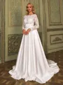 Enchanting A-line Scoop Long Sleeves Bow Court Train Satin Wedding Dress