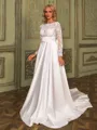 Enchanting A-line Scoop Long Sleeves Bow Court Train Satin Wedding Dress