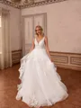 Striking A-line V-Neck Appliques Lace Sweep Train Tulle Wedding Dress