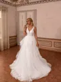 Striking A-line V-Neck Appliques Lace Sweep Train Tulle Wedding Dress