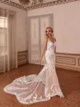 Aristocratic Sheath V-Neck Appliques Lace Cathedral Train Tulle Wedding Dress