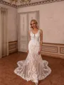 Aristocratic Sheath V-Neck Appliques Lace Cathedral Train Tulle Wedding Dress