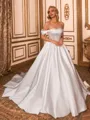 Splendiferous Ball-Gown Off-the-Shoulder Appliques Lace Cathedral Train Satin Corset Wedding Dress