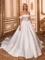 Splendiferous Ball-Gown Off-the-Shoulder Appliques Lace Cathedral Train Satin Corset Wedding Dress