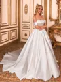 Splendiferous Ball-Gown Off-the-Shoulder Appliques Lace Cathedral Train Satin Corset Wedding Dress