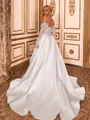 Unforgettable A-line Off-the-Shoulder Long Sleeves Appliques Lace Chapel Train Satin Corset Wedding Dress