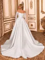 Fashion-forward A-line Off-the-Shoulder Long Sleeves Appliques Lace Court Train Satin Corset Wedding Dress