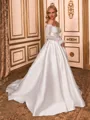 Fashion-forward A-line Off-the-Shoulder Long Sleeves Appliques Lace Court Train Satin Corset Wedding Dress