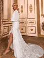 Hermosos Sheath Straps Long Sleeves Ruffles Court Train Lace Wedding Dress
