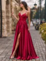 Fashion A-Line V-Neck Appliques Lace Floor-Length Silk Like Satin Corset Prom Dress