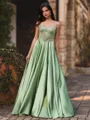Pretty A-Line Spaghetti Straps Appliques Lace Sweep Train Silk Like Satin Corset Prom Dress