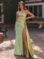 Glamorous Sheath Straight Appliques Lace Sweep Train Silk Like Satin Corset Prom Dress