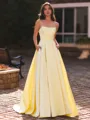 Splendid A-Line Straight Pleated Floor-Length Satin Corset Prom Dress
