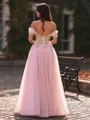 Graceful A-Line Off-the-Shoulder Appliques Lace Floor-Length Tulle Corset Prom Dress