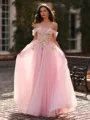 Graceful A-Line Off-the-Shoulder Appliques Lace Floor-Length Tulle Corset Prom Dress