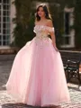 Graceful A-Line Off-the-Shoulder Appliques Lace Floor-Length Tulle Corset Prom Dress