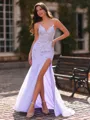 Grand Sheath V-Neck Appliques Lace Sweep Train Tulle Corset Prom Dress