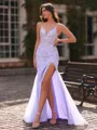 Grand Sheath V-Neck Appliques Lace Sweep Train Tulle Corset Prom Dress