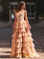 Gorgeous A-Line Straight Cascading Ruffles Sweep Train Corset Prom Dress