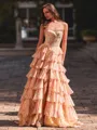 Gorgeous A-Line Straight Cascading Ruffles Sweep Train Corset Prom Dress
