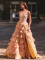 Gorgeous A-Line Straight Cascading Ruffles Sweep Train Corset Prom Dress