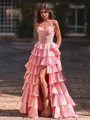 Luxurious A-Line Sweetheart Appliques Lace Sweep Train Silk Like Satin Corset Prom Dress