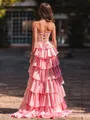 Luxurious A-Line Sweetheart Appliques Lace Sweep Train Silk Like Satin Corset Prom Dress