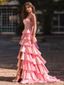 Luxurious A-Line Sweetheart Appliques Lace Sweep Train Silk Like Satin Corset Prom Dress