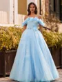 Striking Ball-Gown Off-the-Shoulder Flower Floor-Length Tulle Corset Prom Dress