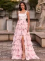 Unforgettable A-Line Square Cascading Ruffles Sweep Train Corset Prom Dress