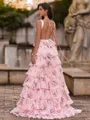 Unforgettable A-Line Square Cascading Ruffles Sweep Train Corset Prom Dress