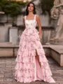 Unforgettable A-Line Square Cascading Ruffles Sweep Train Corset Prom Dress