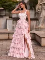 Unforgettable A-Line Square Cascading Ruffles Sweep Train Corset Prom Dress
