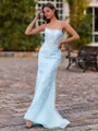 Trendy Sheath Straight Appliques Lace Sweep Train Tulle Corset Prom Dress