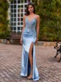 Glam Sheath V-Neck Appliques Lace Sweep Train Silk Like Satin Corset Prom Dress
